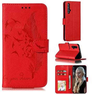 Intricate Embossing Lychee Feather Bird Leather Wallet Case for Huawei Honor 20 - Red
