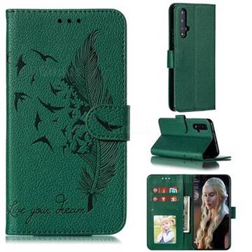 Intricate Embossing Lychee Feather Bird Leather Wallet Case for Huawei Honor 20 - Green