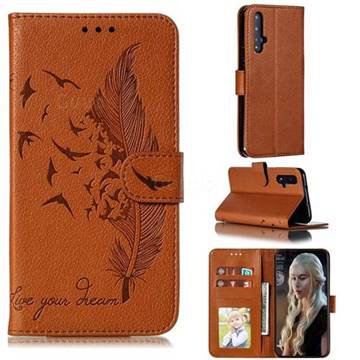 Intricate Embossing Lychee Feather Bird Leather Wallet Case for Huawei Honor 20 - Brown