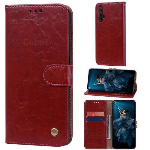 Luxury Retro Oil Wax PU Leather Wallet Phone Case for Huawei Honor 20 - Brown Red