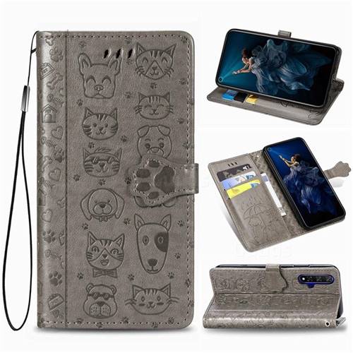 Embossing Dog Paw Kitten and Puppy Leather Wallet Case for Huawei Honor 20 - Gray