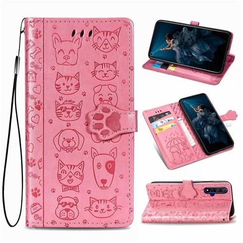 Embossing Dog Paw Kitten and Puppy Leather Wallet Case for Huawei Honor 20 - Pink