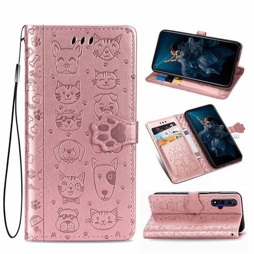 Embossing Dog Paw Kitten and Puppy Leather Wallet Case for Huawei Honor 20 - Rose Gold