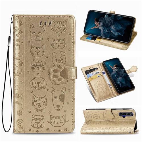Embossing Dog Paw Kitten and Puppy Leather Wallet Case for Huawei Honor 20 - Champagne Gold