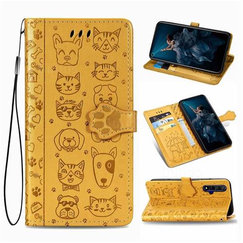 Embossing Dog Paw Kitten and Puppy Leather Wallet Case for Huawei Honor 20 - Yellow