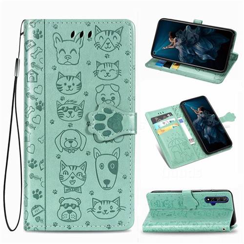 Embossing Dog Paw Kitten and Puppy Leather Wallet Case for Huawei Honor 20 - Green