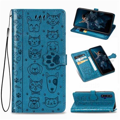 Embossing Dog Paw Kitten and Puppy Leather Wallet Case for Huawei Honor 20 - Blue