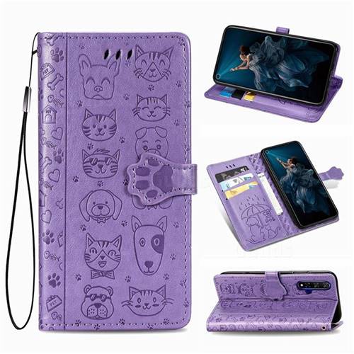 Embossing Dog Paw Kitten and Puppy Leather Wallet Case for Huawei Honor 20 - Purple