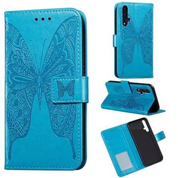 Intricate Embossing Vivid Butterfly Leather Wallet Case for Huawei Honor 20 - Blue