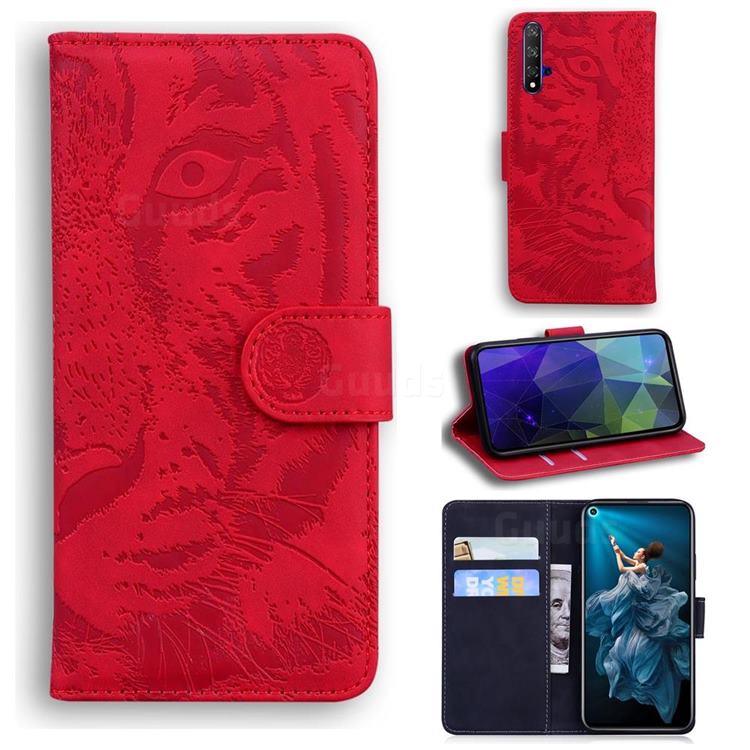 Intricate Embossing Tiger Face Leather Wallet Case for Huawei Honor 20 - Red