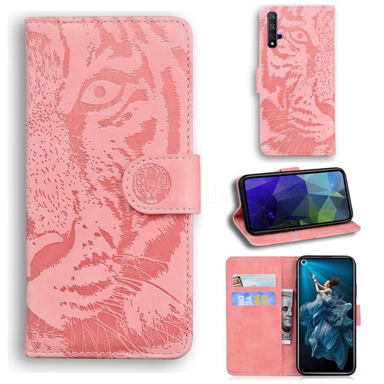 Intricate Embossing Tiger Face Leather Wallet Case for Huawei Honor 20 - Pink