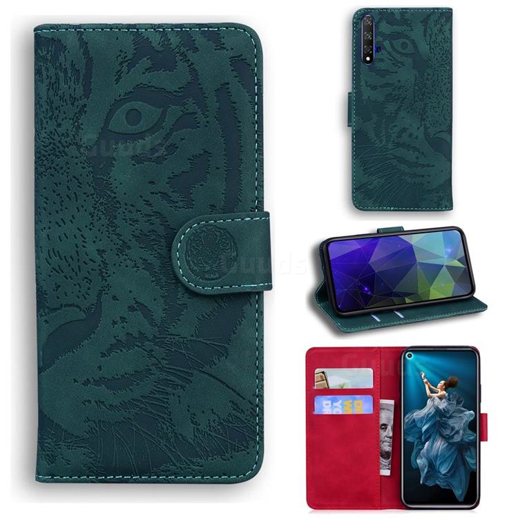 Intricate Embossing Tiger Face Leather Wallet Case for Huawei Honor 20 - Green