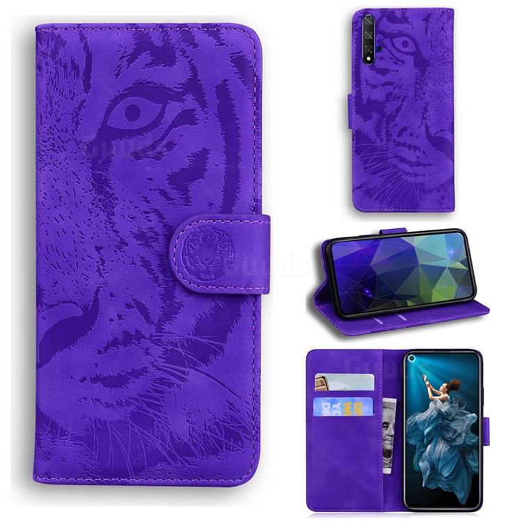 Intricate Embossing Tiger Face Leather Wallet Case for Huawei Honor 20 - Purple