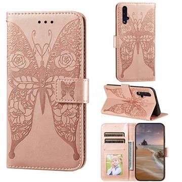 Intricate Embossing Rose Flower Butterfly Leather Wallet Case for Huawei Honor 20 - Rose Gold