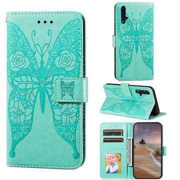 Intricate Embossing Rose Flower Butterfly Leather Wallet Case for Huawei Honor 20 - Green