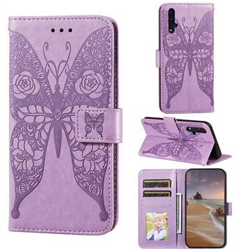 Intricate Embossing Rose Flower Butterfly Leather Wallet Case for Huawei Honor 20 - Purple