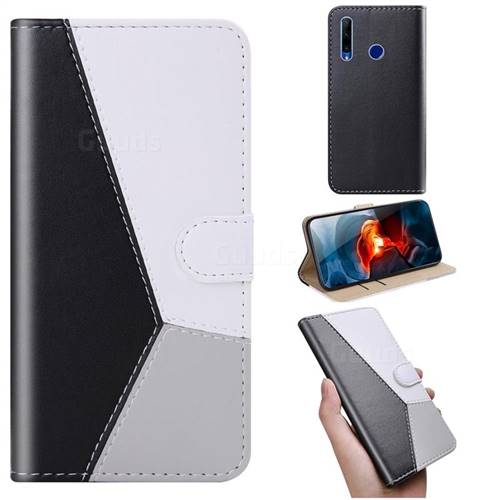 Tricolour Stitching Wallet Flip Cover for Huawei Honor 20 Lite - Black