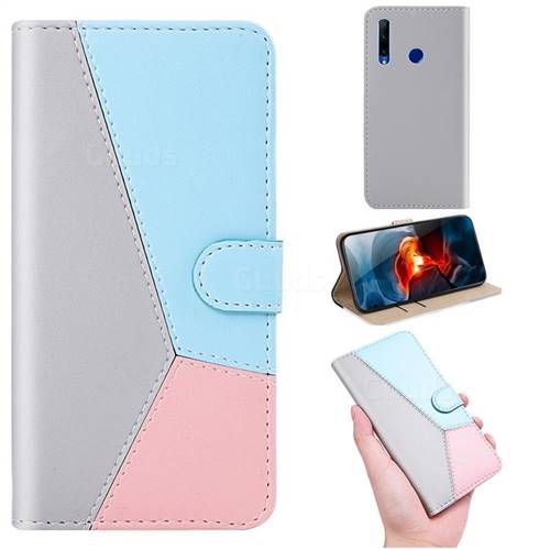 Tricolour Stitching Wallet Flip Cover for Huawei Honor 20 Lite - Gray