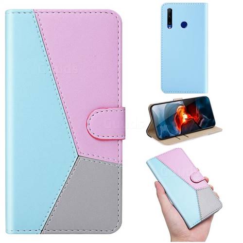 Tricolour Stitching Wallet Flip Cover for Huawei Honor 20 Lite - Blue