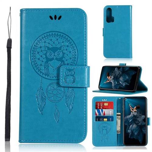 Intricate Embossing Owl Campanula Leather Wallet Case for Huawei Honor 20 Pro - Blue