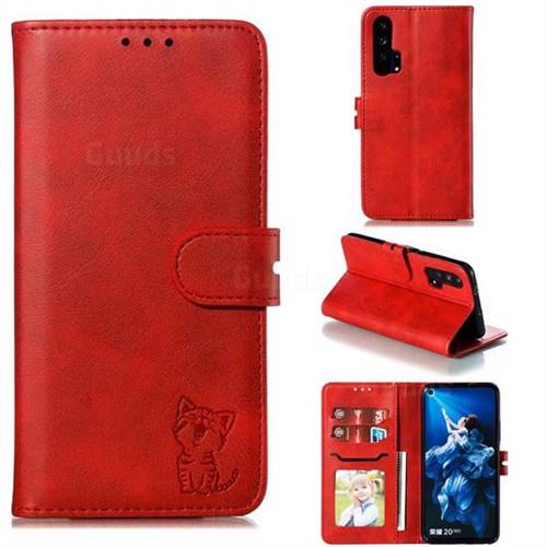 Embossing Happy Cat Leather Wallet Case for Huawei Honor 20 Pro - Red