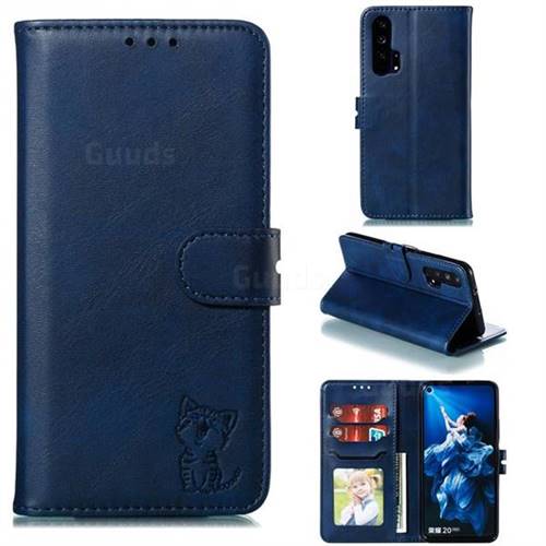 Embossing Happy Cat Leather Wallet Case for Huawei Honor 20 Pro - Blue