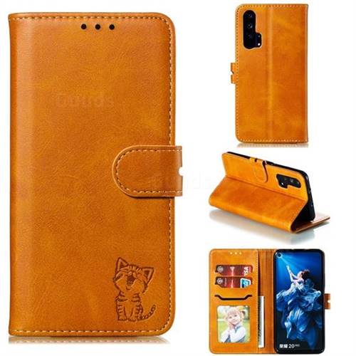 Embossing Happy Cat Leather Wallet Case for Huawei Honor 20 Pro - Yellow