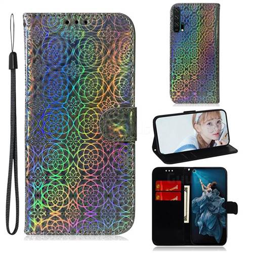 Laser Circle Shining Leather Wallet Phone Case for Huawei Honor 20 Pro - Silver