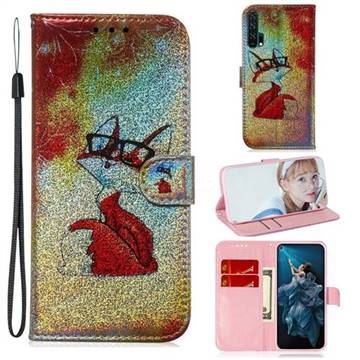 Glasses Fox Laser Shining Leather Wallet Phone Case for Huawei Honor 20 Pro