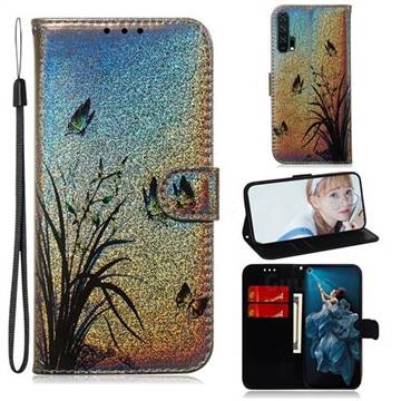 Butterfly Orchid Laser Shining Leather Wallet Phone Case for Huawei Honor 20 Pro