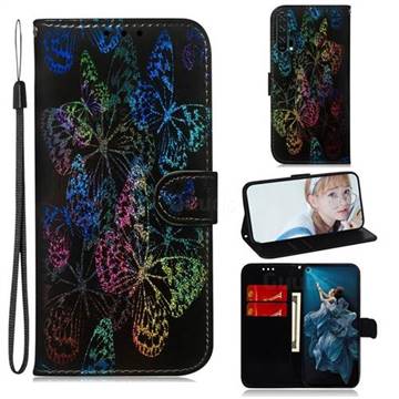 Black Butterfly Laser Shining Leather Wallet Phone Case for Huawei Honor 20 Pro