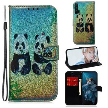 Two Pandas Laser Shining Leather Wallet Phone Case for Huawei Honor 20 Pro