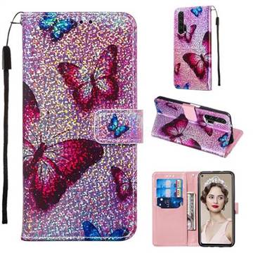 Blue Butterfly Sequins Painted Leather Wallet Case for Huawei Honor 20 Pro