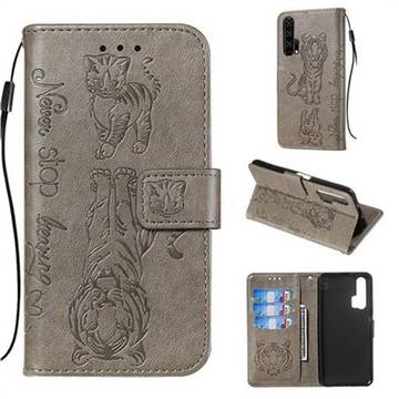Embossing Tiger and Cat Leather Wallet Case for Huawei Honor 20 Pro - Gray