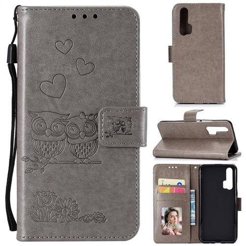 Embossing Owl Couple Flower Leather Wallet Case for Huawei Honor 20 Pro - Gray