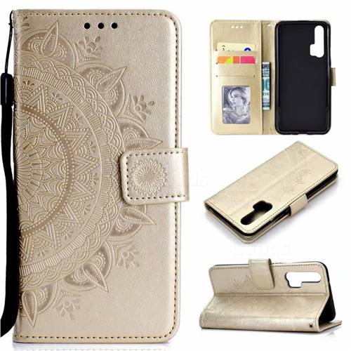 Intricate Embossing Datura Leather Wallet Case for Huawei Honor 20 Pro - Golden
