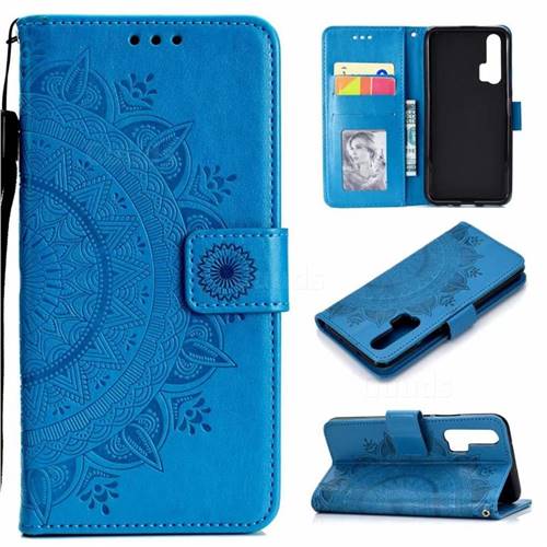 Intricate Embossing Datura Leather Wallet Case for Huawei Honor 20 Pro - Blue