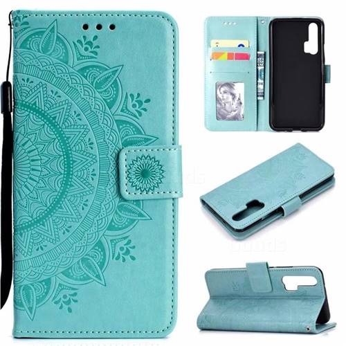 Intricate Embossing Datura Leather Wallet Case for Huawei Honor 20 Pro - Mint Green