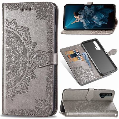 Embossing Imprint Mandala Flower Leather Wallet Case for Huawei Honor 20 Pro - Gray