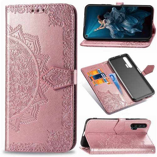 Embossing Imprint Mandala Flower Leather Wallet Case for Huawei Honor 20 Pro - Rose Gold
