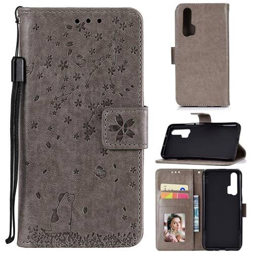 Embossing Cherry Blossom Cat Leather Wallet Case for Huawei Honor 20 Pro - Gray