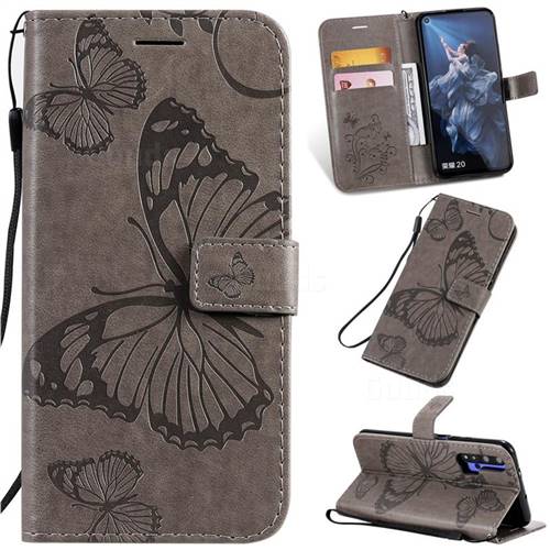 Embossing 3D Butterfly Leather Wallet Case for Huawei Honor 20 Pro - Gray