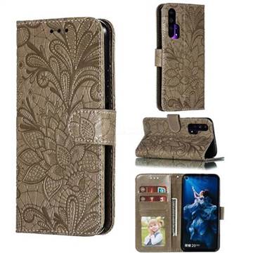 Intricate Embossing Lace Jasmine Flower Leather Wallet Case for Huawei Honor 20 Pro - Gray