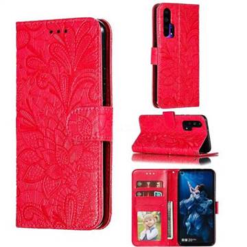 Intricate Embossing Lace Jasmine Flower Leather Wallet Case for Huawei Honor 20 Pro - Red
