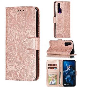 Intricate Embossing Lace Jasmine Flower Leather Wallet Case for Huawei Honor 20 Pro - Rose Gold