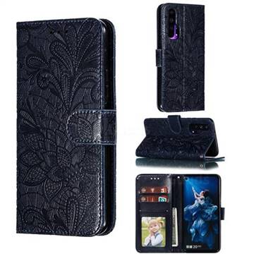 Intricate Embossing Lace Jasmine Flower Leather Wallet Case for Huawei Honor 20 Pro - Dark Blue