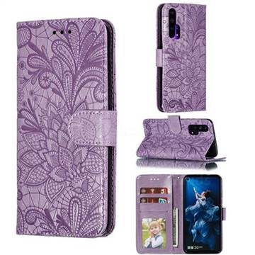 Intricate Embossing Lace Jasmine Flower Leather Wallet Case for Huawei Honor 20 Pro - Purple