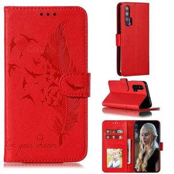 Intricate Embossing Lychee Feather Bird Leather Wallet Case for Huawei Honor 20 Pro - Red