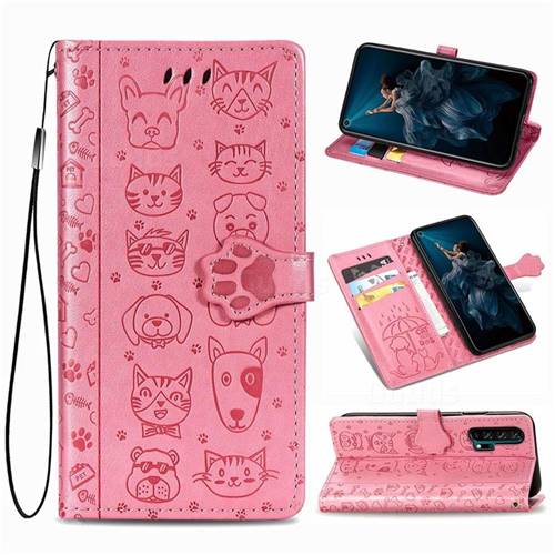 Embossing Dog Paw Kitten and Puppy Leather Wallet Case for Huawei Honor 20 Pro - Pink