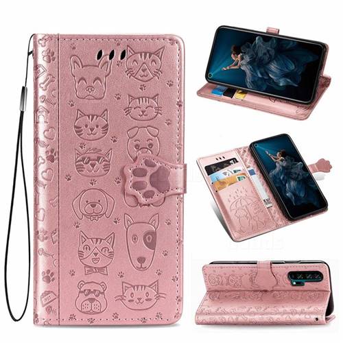 Embossing Dog Paw Kitten and Puppy Leather Wallet Case for Huawei Honor 20 Pro - Rose Gold